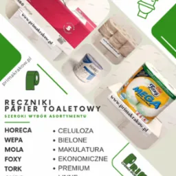R&oacute;żnorodny asortyment papieru toaletowego i ręcznik&oacute;w papierowych r&oacute;żnych marek, w tym rolka Foxy Mega, czyściwo Horeca, oraz opakowania ręcznik&oacute;w papierowych Prima Prestige, z widocznym adresem...