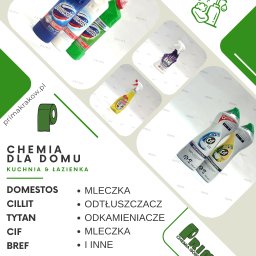 PRIMA - Chemia gospodarcza - Zestaw środków czystości różnych marek, w tym Domestos, Cillit Bang, CIF i Meglio, zaprezentowany na jasnym tle z powtarzającym się logo firmy Prima, obejmujący mleczka, odtłuszczacze...