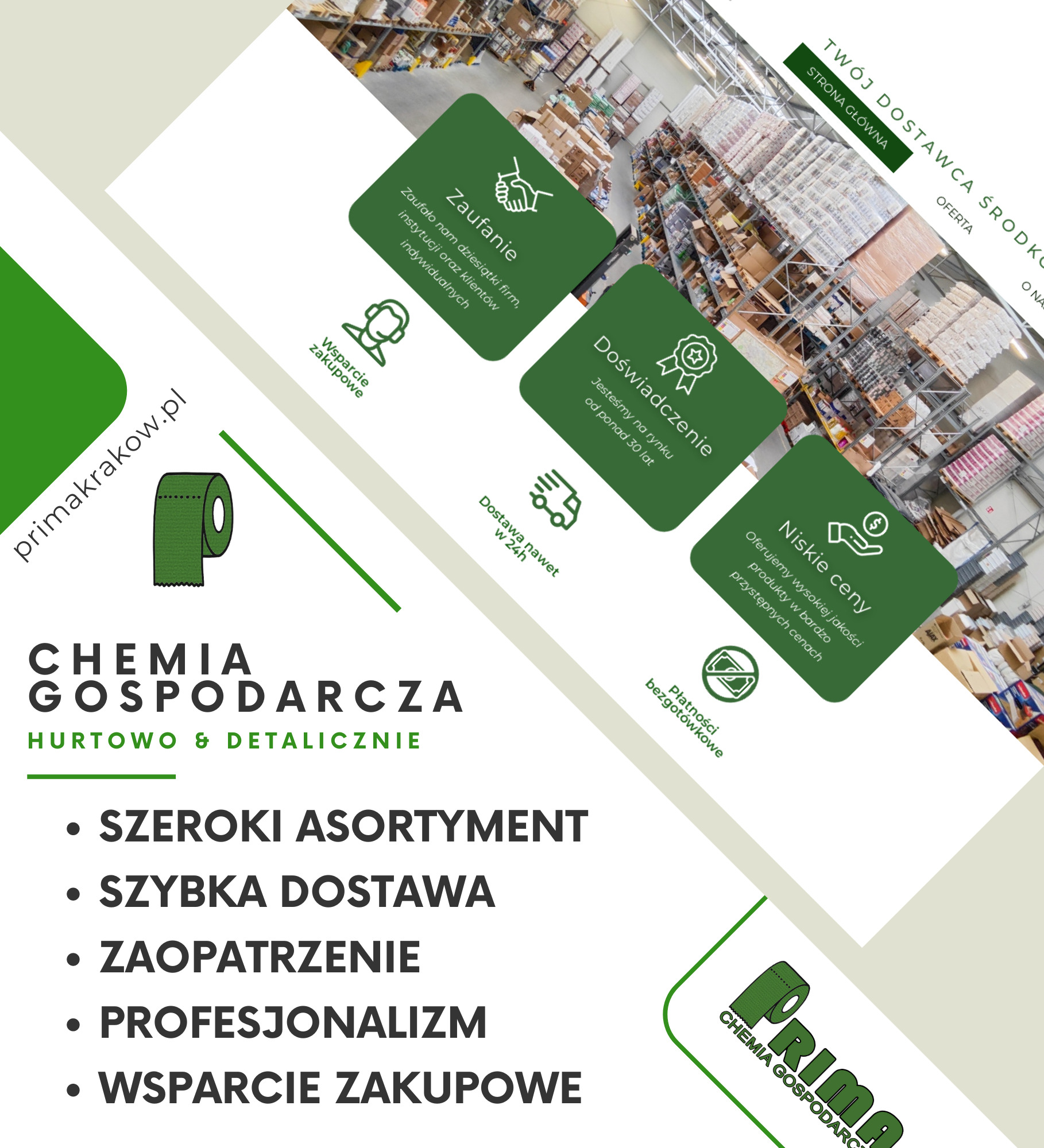 Grafika reklamowa hurtowni chemii gospodarczej Prima z rolką papieru toaletowego w logo, informacjami o zaufaniu, doświadczeniu, niskich cenach, wsparciu zakupowym i szybkiej dostawie, na tle...