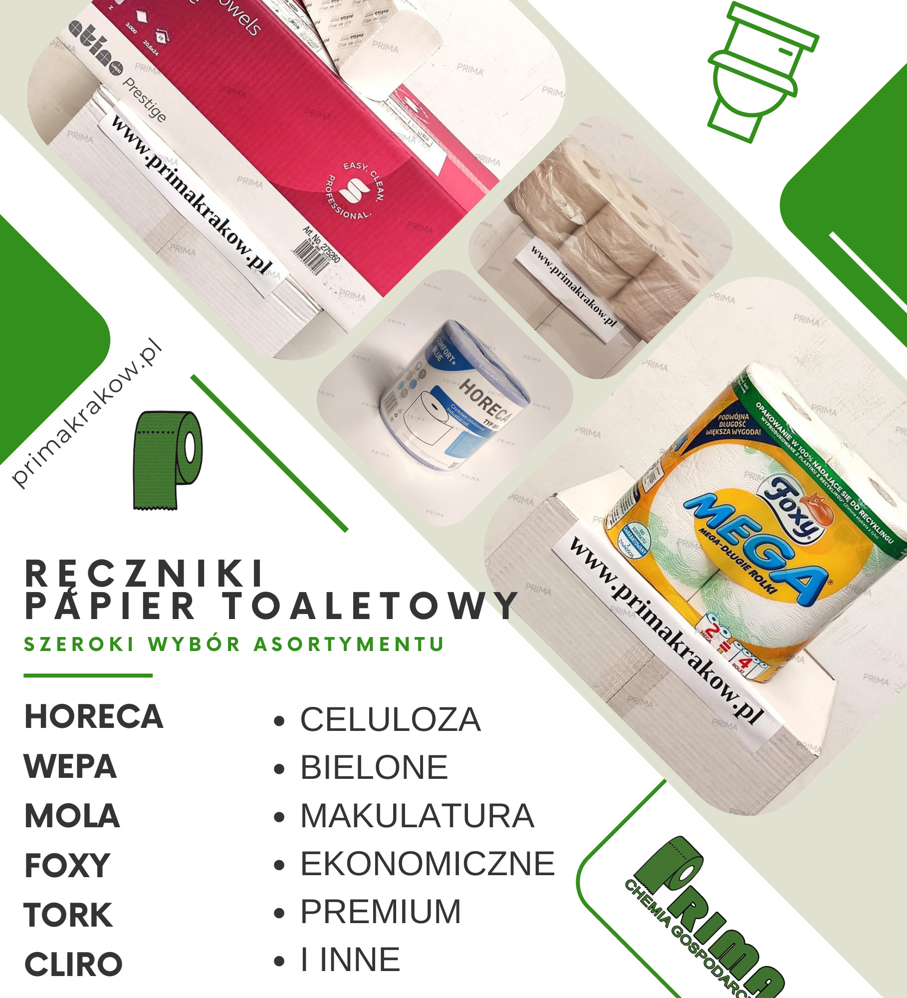 Różnorodny asortyment papieru toaletowego i ręczników papierowych różnych marek, w tym rolka Foxy Mega, czyściwo Horeca, oraz opakowania ręczników papierowych Prima Prestige, z widocznym adresem...