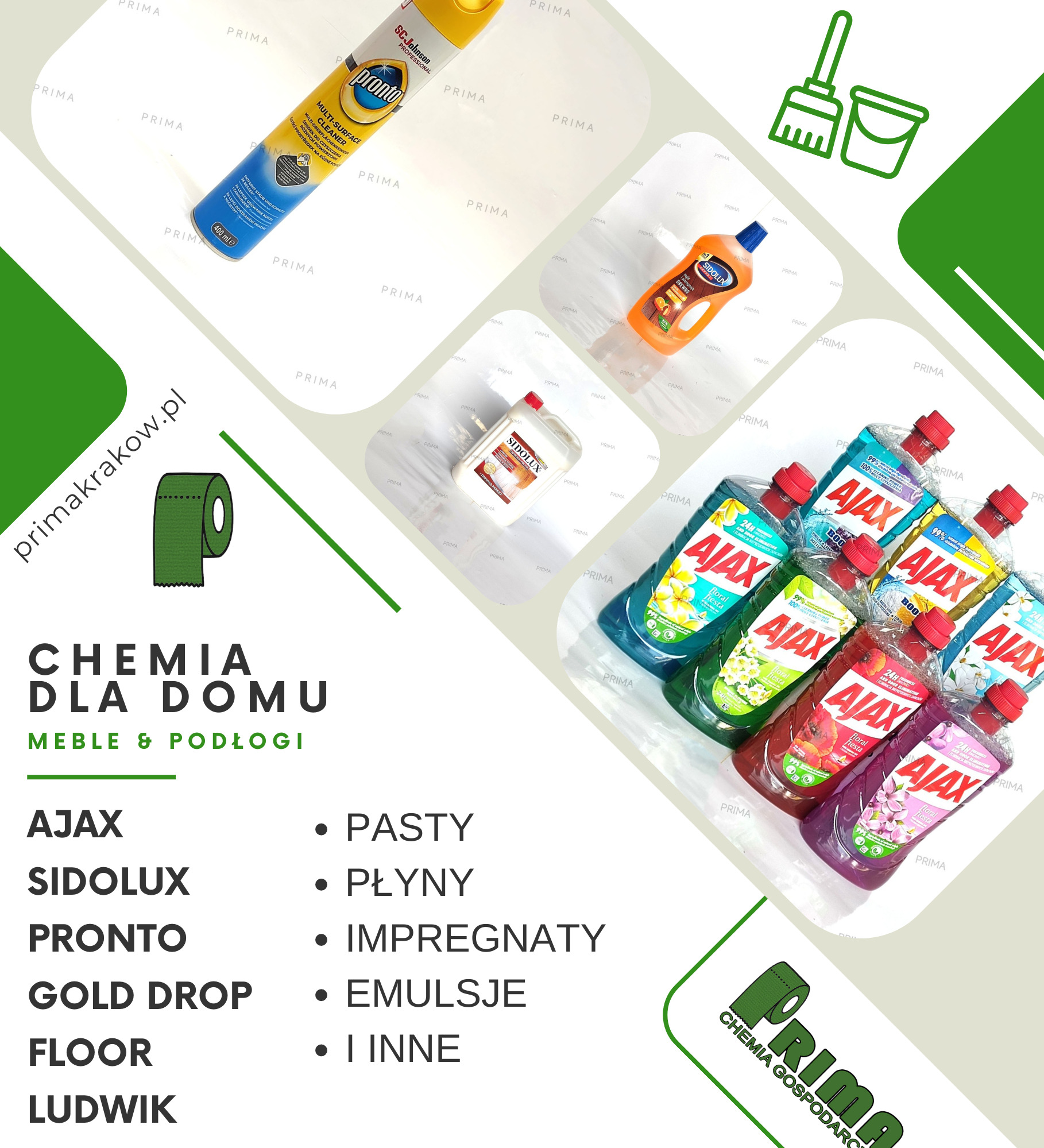 Zestaw środków czystości różnych marek, w tym Ajax, Sidolux i Pronto, ułożonych na białym tle z logo Prima Chemia Gospodarcza w rogu.