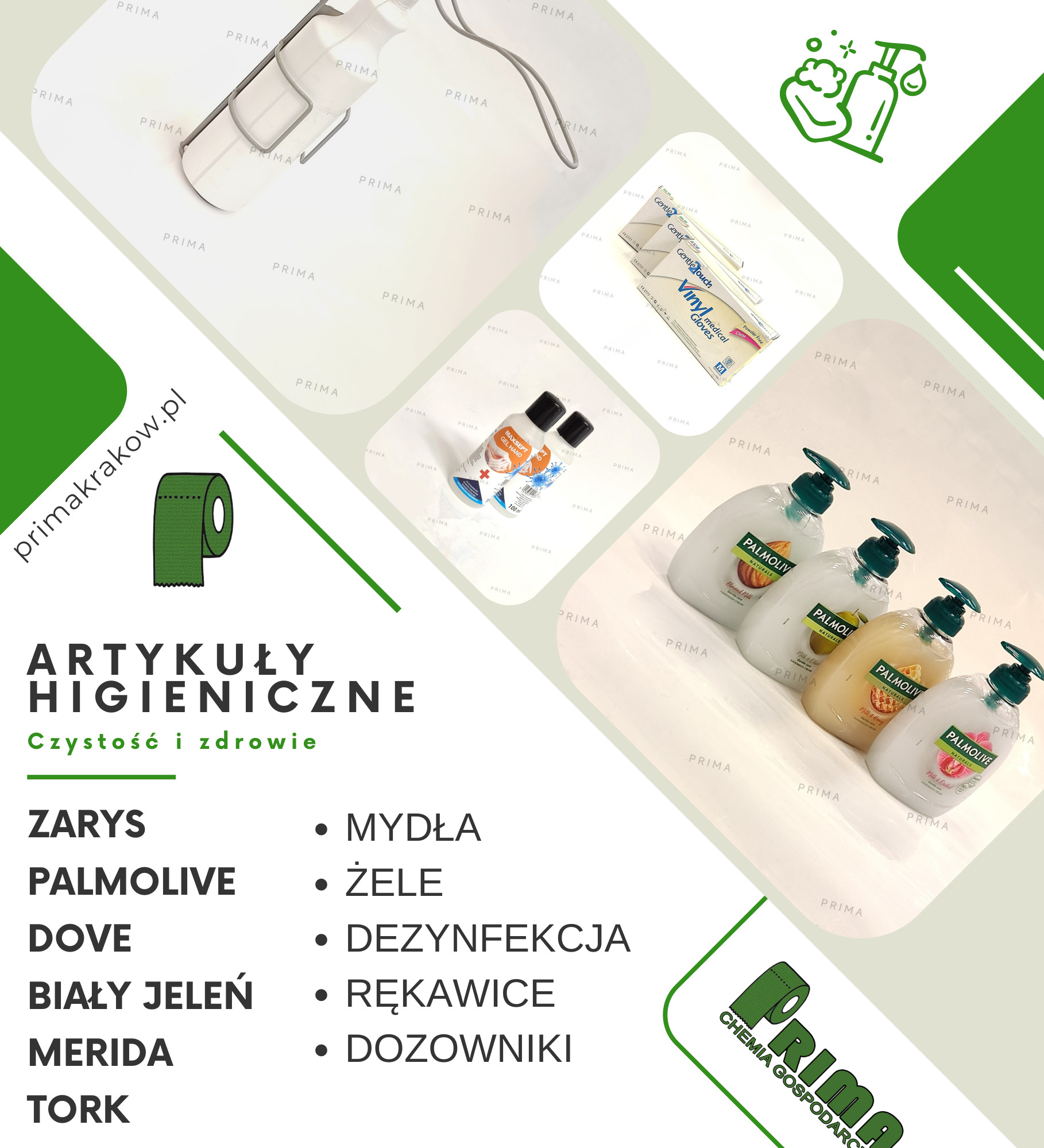 Artykuły higieniczne: mydła w płynie Palmolive w czterech wariantach zapachowych, żele antybakteryjne, rękawice medyczne, dozownik do mydła w metalowym uchwycie i papier toaletowy w firmowych barwach.