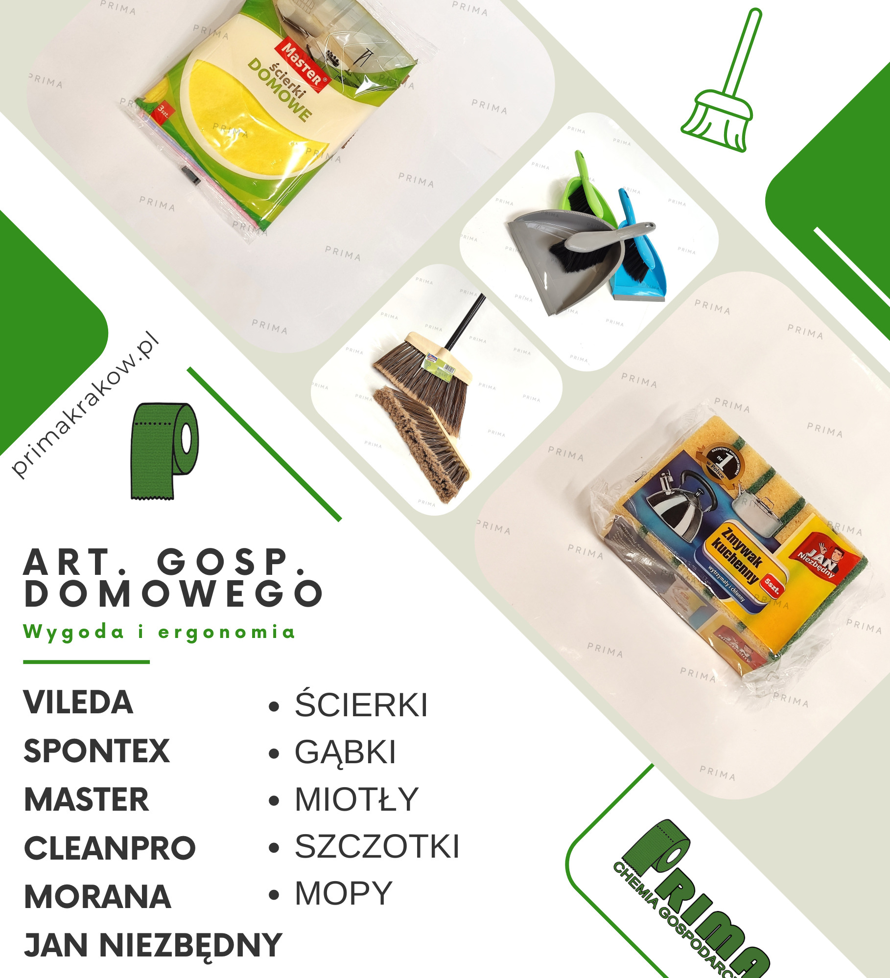 Zestaw artykułów gospodarstwa domowego: ściereczki Master, miotła, zmiotka z szufelką oraz zmywaki kuchenne Jan Niezbędny, prezentowane na grafice reklamowej.