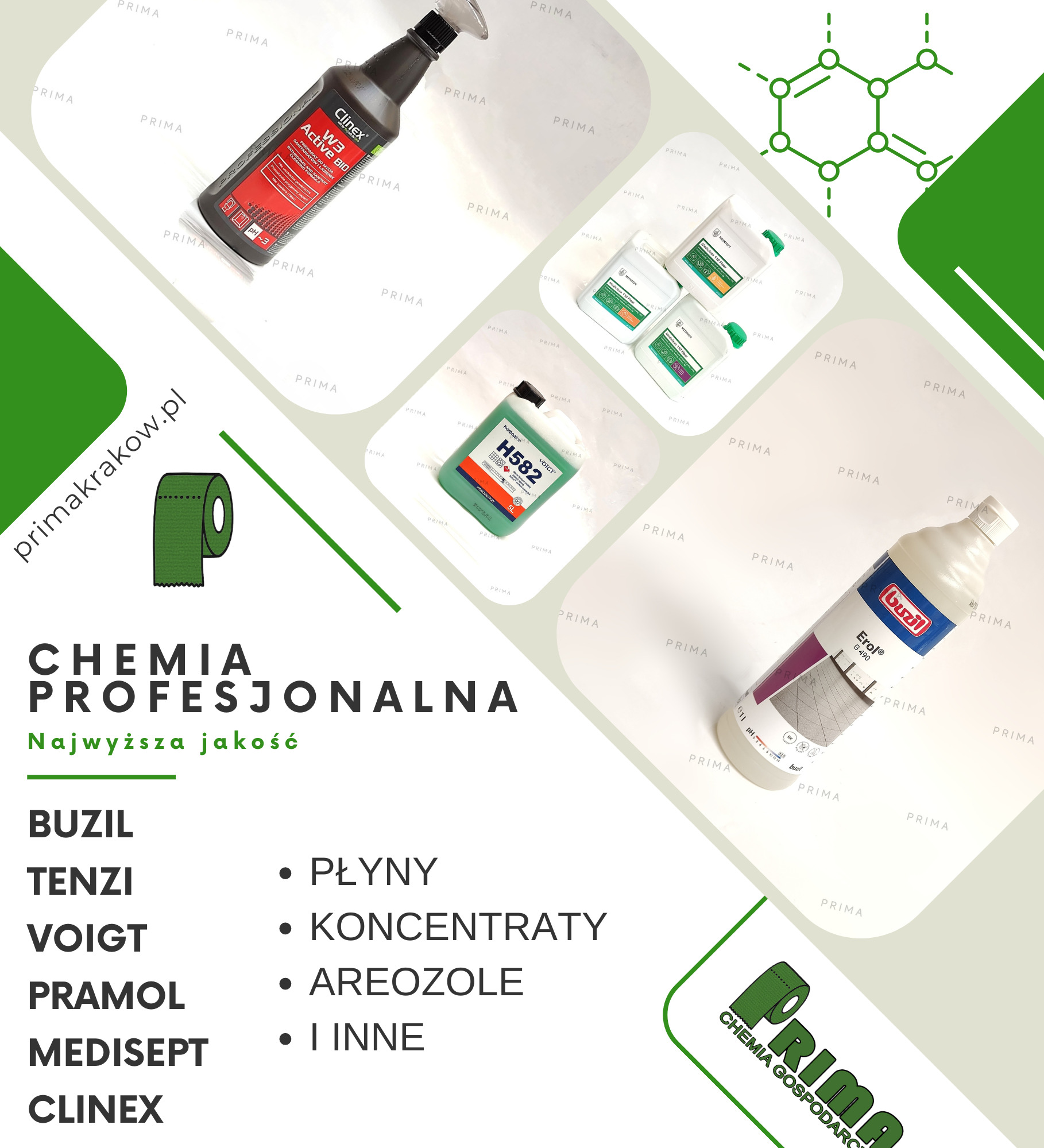 Grafika reklamowa prezentująca różne produkty chemii profesjonalnej, w tym płyny, koncentraty i aerozole od marek Buzil, Tenzi, Voigt, Pramol, Medisept i Clinex, z logo firmy Prima w rogu.