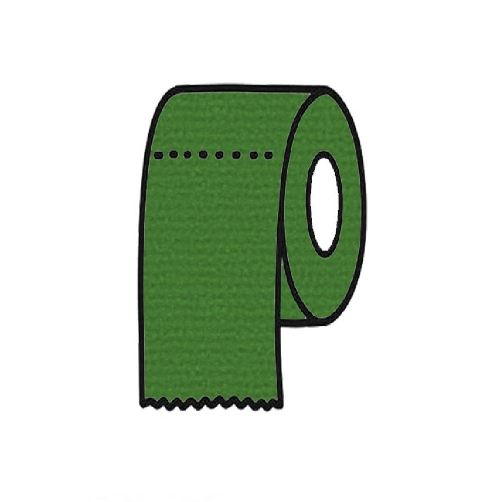 Ilustracja rolki zielonego papieru toaletowego z perforacją i zygzakowatym brzegiem na białym tle.