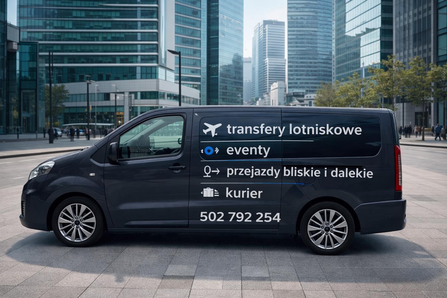 Ciemny bus z reklamą: transfery lotniskowe, eventy, przejazdy bliskie i dalekie, kurier. W tle nowoczesne budynki.