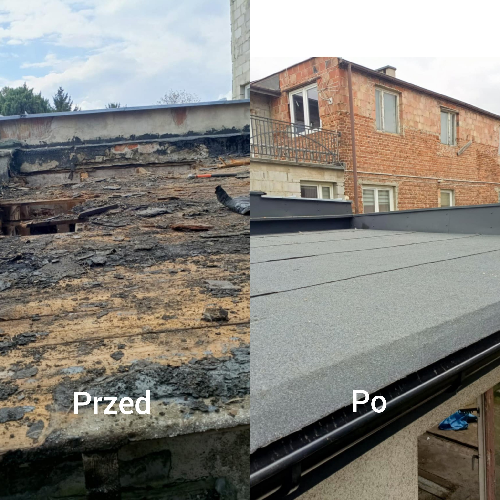 Porównanie stanu dachu przed i po remoncie: zniszczona konstrukcja drewniana pokryta resztkami starej papy kontra nowy, szary dach z papy z zamontowaną czarną rynną.