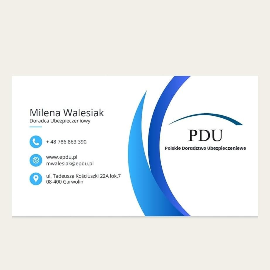 Wizytówka Mileny Walesiak, doradcy ubezpieczeniowego z danymi kontaktowymi i logo PDU Polskie Doradztwo Ubezpieczeniowe, na białym tle z błękitnym akcentem graficznym.