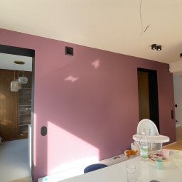 YA COMPANY SPÓŁKA Z OGRANICZONĄ ODPOWIEDZIALNOŚCIĄ - Ściana w odcieniu pudrowego różu po odświeżeniu, widoczny fragment jadalni z krzesłem dla dziecka i oświetleniem sufitowym, drzwi z czarną ościeżnicą prowadzą do wnętrza z przeszkloną szafą.