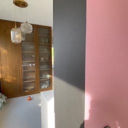 YA COMPANY SPÓŁKA Z OGRANICZONĄ ODPOWIEDZIALNOŚCIĄ - Fragment wnętrza z ścianą pomalowaną na różowo i szaro, widoczne oświetlenie sufitowe i zabudowa meblowa z przeszklonymi drzwiami.