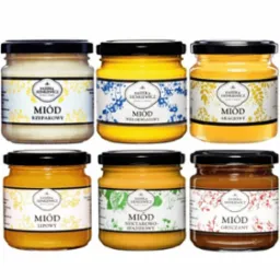 Sześć słoików z różnymi rodzajami miodu, etykiety z nazwą pasieki i rodzajem miodu, widoczne kolory od jasnego kremowego do ciemnego brązowego.