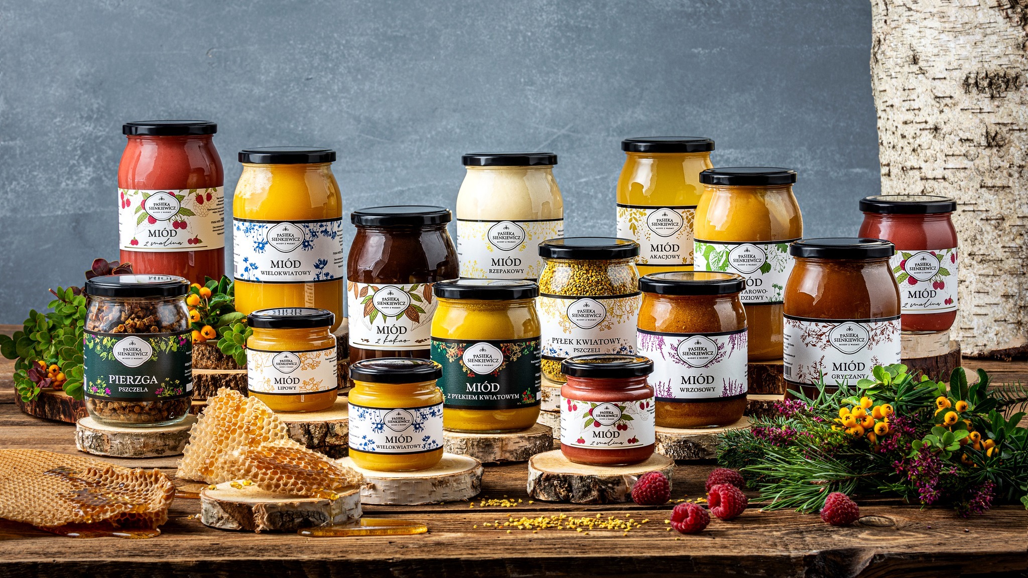 Zestaw słoików z różnymi rodzajami miodu i pierzgą na drewnianym stole z plastrami miodu i gałązkami, tło stanowi kora brzozy i szara ściana.