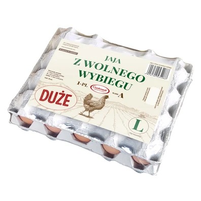 Opakowanie z produktami od kur z wolnego wybiegu, widoczne oznaczenia 'DUŻE' i 'KLASA A', z delikatnym tłem w kolorze ecru i rysunkiem kury.