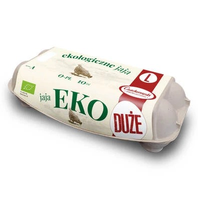 Opakowanie ekologicznych, dużych produktów w wytłoczce z widocznym logo producenta i zielonym znakiem certyfikacji ekologicznej.