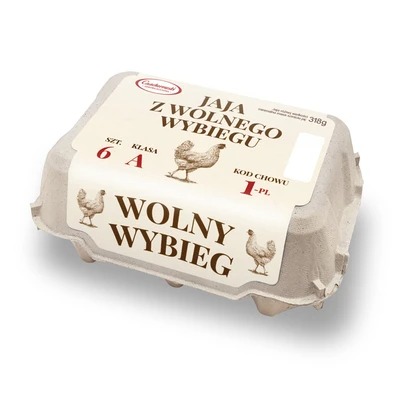Kartonowe opakowanie sześciu sztuk z oznaczeniem 'z wolnego wybiegu', z ilustracjami kur na etykiecie i kodem chowu 1-PL.