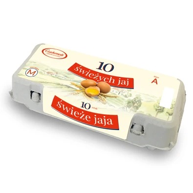 Kartonowe opakowanie dziesięciu świeżych jaj klasy A z widocznym żółtkiem jednego jajka i oznaczeniem rozmiaru M.