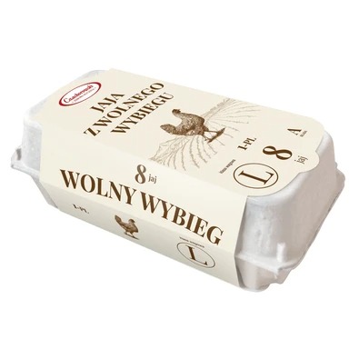 Opakowanie ośmiu sztuk z chowu wolnowybiegowego, z ilustracją kury na tle pola.