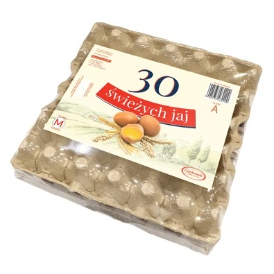 Opakowanie 30 świeżych sztuk w wytłoczce z tektury, owinięte folią ochronną.