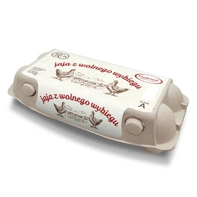 Kartonowe opakowanie z jasnymi produktami spożywczymi z napisem 'jaja z wolnego wybiegu' i rysunkami kur, widoczne logo producenta i oznaczenie klasy A.