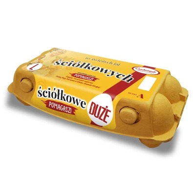 Żółte opakowanie dziesięciu dużych, ściółkowych  w klasie A, z charakterystycznymi wytłoczeniami na wieczku.