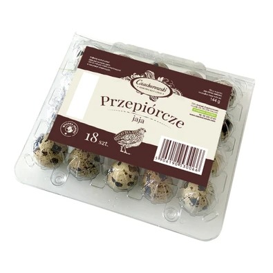 Opakowanie 18 sztuk przepiórczych z brązowymi plamkami w plastikowym, przezroczystym pudełku z etykietą producenta.