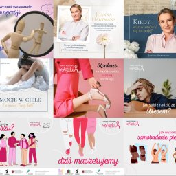 FUNDACJA MOŻESZ - Mozaika grafik z profilu w mediach społecznościowych, prezentująca spójny wizerunek marki osobistej z różnorodną tematyką, w pastelowej kolorystyce.