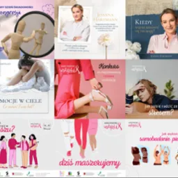 Mozaika grafik z profilu w mediach społecznościowych, prezentująca spójny wizerunek marki osobistej z różnorodną tematyką, w pastelowej kolorystyce.