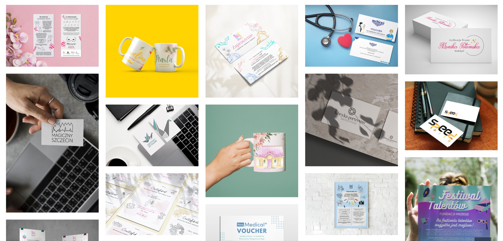 Zestawienie materiałów reklamowych: wizytówki, ulotki, kubki z nadrukiem, vouchery medyczne, plakaty, certyfikaty i inne, prezentujące różnorodne projekty graficzne.