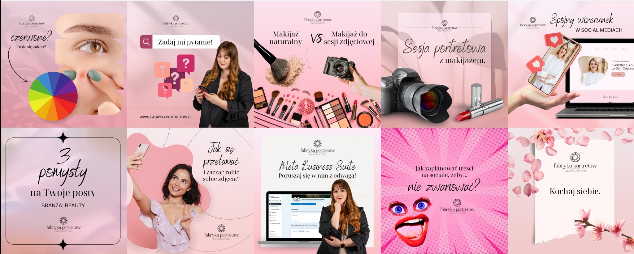 Zestawienie grafik do social mediów w pastelowych kolorach, prezentujących usługi studia portretowego: porady makijażowe, sesje zdjęciowe i spójny wizerunek online.