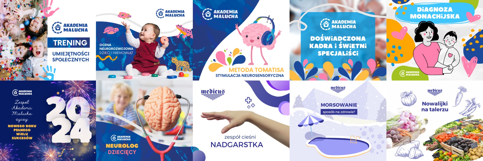 Zestaw grafik reklamowych Akademii Malucha i Medicus, z motywami treningów, oceny neurorozwojowej, metody Tomatisa, neurologa dziecięcego, zespołu cieśni nadgarstka i nowalijek.