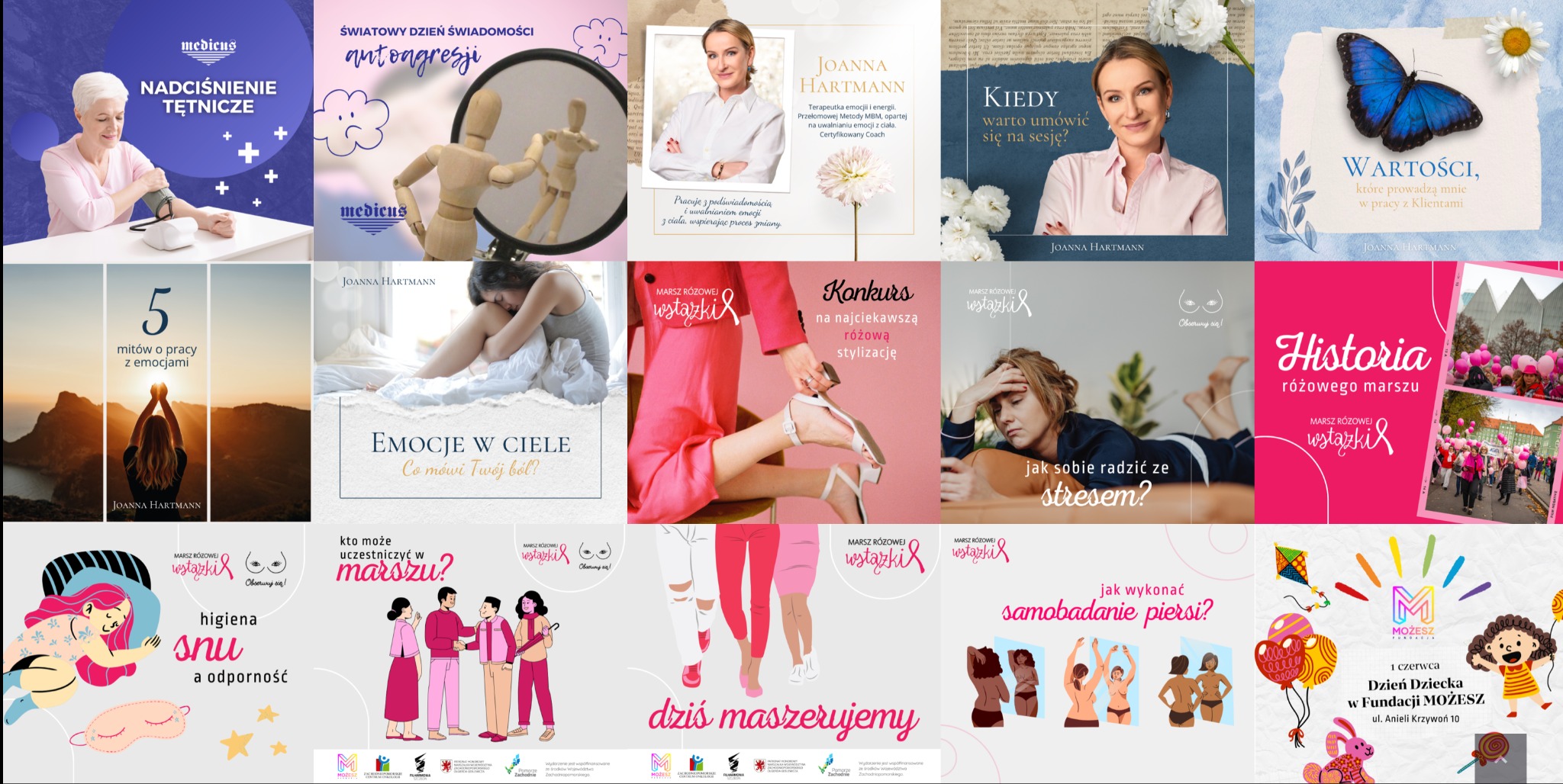 Mozaika grafik z profilu w mediach społecznościowych, prezentująca spójny wizerunek marki osobistej z różnorodną tematyką, w pastelowej kolorystyce.