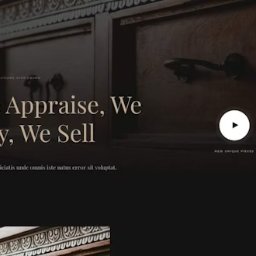 ExpandIT Tomasz Bylka - Strona internetowa z prezentacją antykwariatu: ciemne drewniane meble na tle, hasło 'We Appraise, We Buy, We Sell' i przycisk odtwarzania wideo.