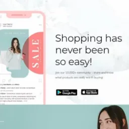 Ekran smartfona prezentujący post z ofertą wyprzedaży w sklepie internetowym, obok hasło reklamowe zachęcające do zakupów i ikony sklepów Google Play i App Store.
