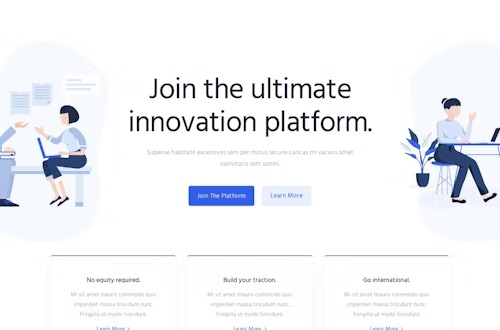 Ilustracja strony internetowej z hasłem 'Join the ultimate innovation platform' i grafikami osób pracujących na laptopach, z minimalistycznym designem i jasną kolorystyką.
