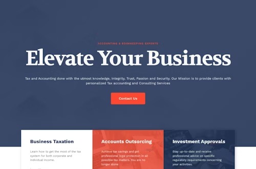 Grafika strony internetowej z nagłówkiem 'Elevate Your Business' na ciemnoniebieskim tle, pod spodem tekst o usługach księgowych i podatkowych, a poniżej trzy sekcje: 'Business Taxation', 'Accounts...
