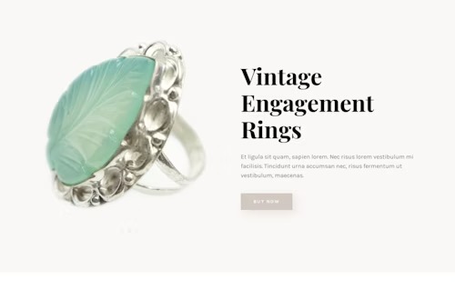 Zdjęcie przedstawia srebrny pierścionek zaręczynowy w stylu vintage z dużym, jasnoniebieskim kamieniem w kształcie liścia, umieszczony na białym tle obok napisu 'Vintage Engagement Rings'...