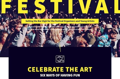 Grafika reklamowa festiwalu z motywem muzycznym, tłum ludzi w tle, żółte napisy 'FESTIVAL', 'CELEBRATE THE ART', ikona gramofonu.