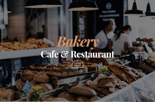 Projekt strony internetowej piekarni i restauracji z napisem 'Bakery Cafe & Restaurant' i widocznymi wypiekami w tle.