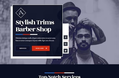 Projekt strony internetowej prezentujący usługi barber shopu: stylizowany napis 'Stylish Trims Barber Shop', zdjęcie barbera podczas strzyżenia klienta, przyciski 'Services' i 'Book Now' oraz ikony...