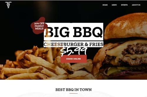 Strona internetowa restauracji z dużym cheeseburgerem, frytkami i napisem 'Big BBQ Cheeseburger & Fries $5.99'.
