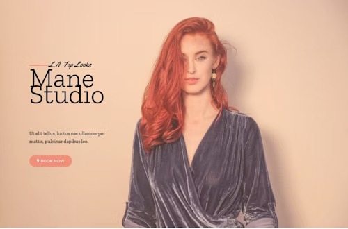 Strona internetowa salonu fryzjerskiego z rudowłosą modelką w aksamitnej sukience i przyciskiem 'Book Now'.