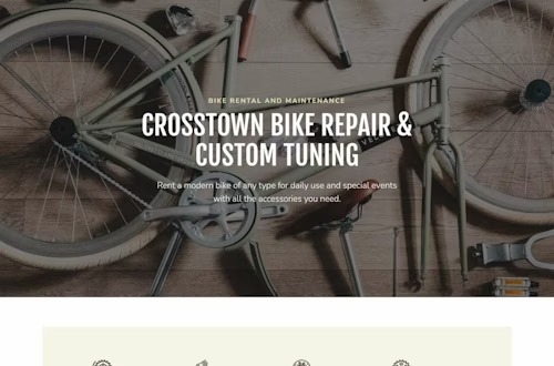 Grafika strony internetowej o naprawie rowerów z elementami roweru i narzędziami na drewnianym tle.