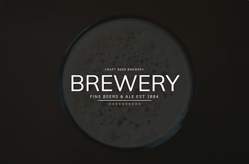 Minimalistyczny projekt graficzny logo browaru rzemieślniczego z tekstem 'BREWERY FINE BEERS & ALE EST 1884' na ciemnym tle, widoczne bąbelki piwa.