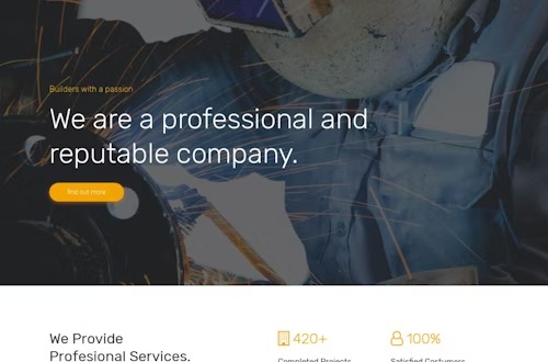 Zdjęcie przedstawia fragment strony internetowej z hasłem: 'We are a professional and reputable company.' w tle widoczny spawacz w masce podczas pracy.