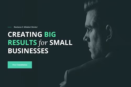 Strona internetowa z hasłem 'Creating BIG RESULTS for SMALL BUSINESSES' i sylwetką mężczyzny w tle, oferująca darmową konsultację.