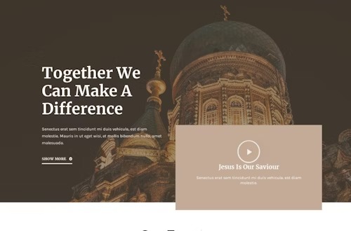 Strona internetowa z motywem religijnym, przedstawiająca cerkiew na tle tekstu 'Together We Can Make A Difference' i odnośnika do wideo 'Jesus Is Our Saviour'.