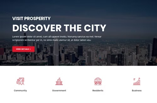 Projekt graficzny strony internetowej z panoramą miasta w tle i ikonami reprezentującymi społeczność, rząd, mieszkańców i biznes.