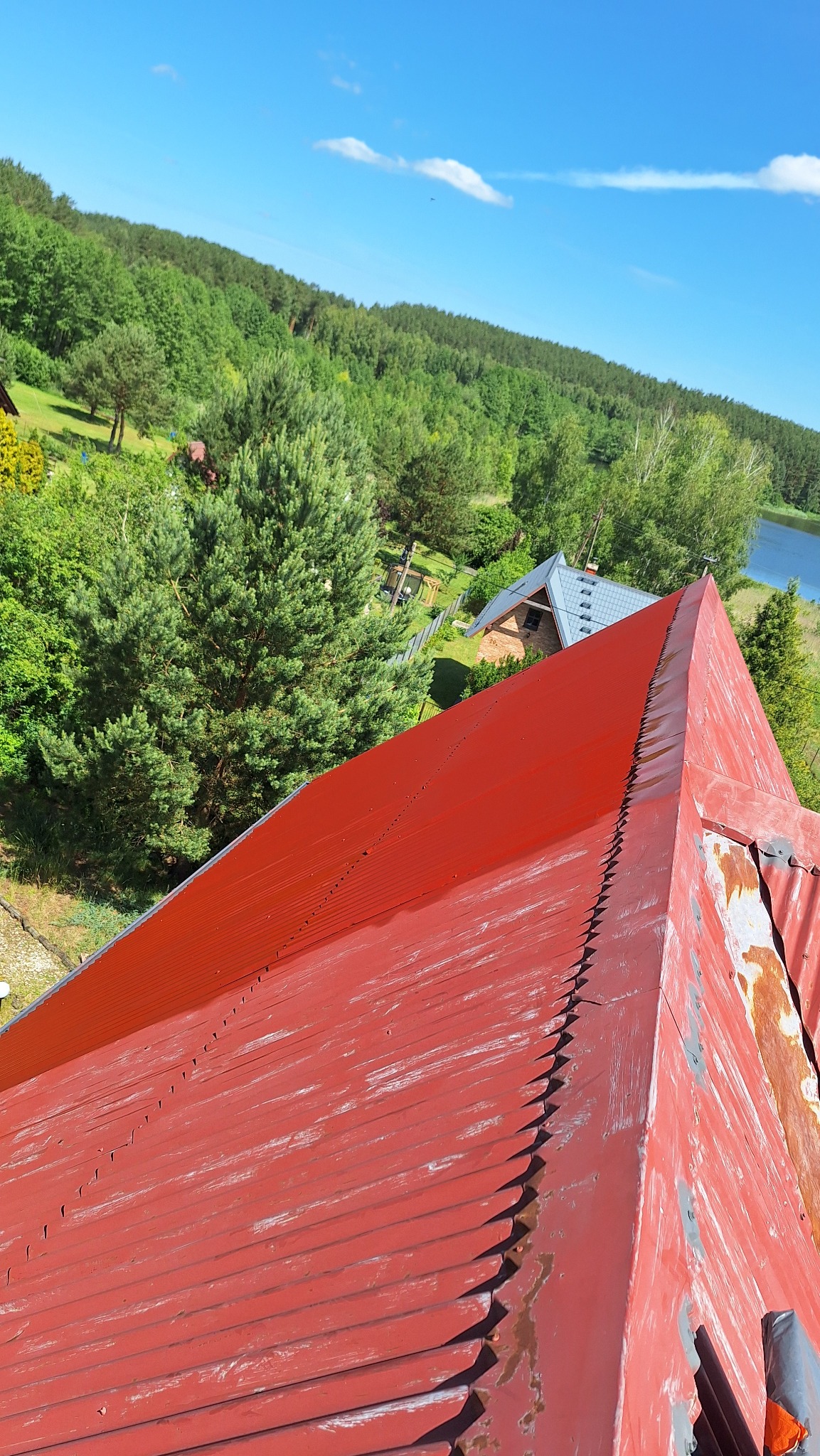Czerwony dach z blachy trapezowej po malowaniu, widoczne ślady niedokładnego krycia, w tle las i błękitne niebo.