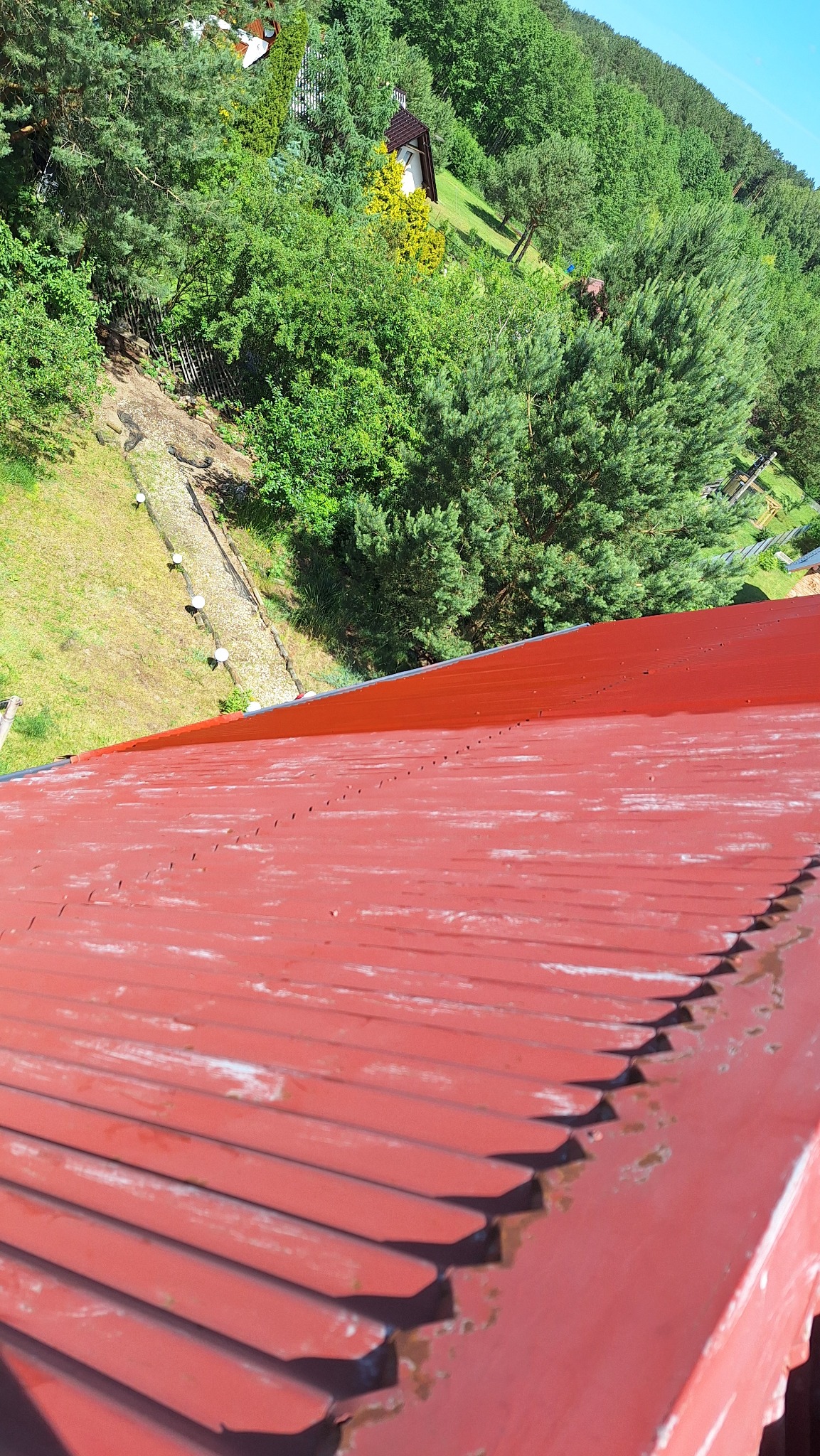 Widok z góry na czerwoną, pomalowaną blachodachówkę z widocznymi śladami użytkowania i odpryskami farby, w tle zieleń drzew i fragment budynku.
