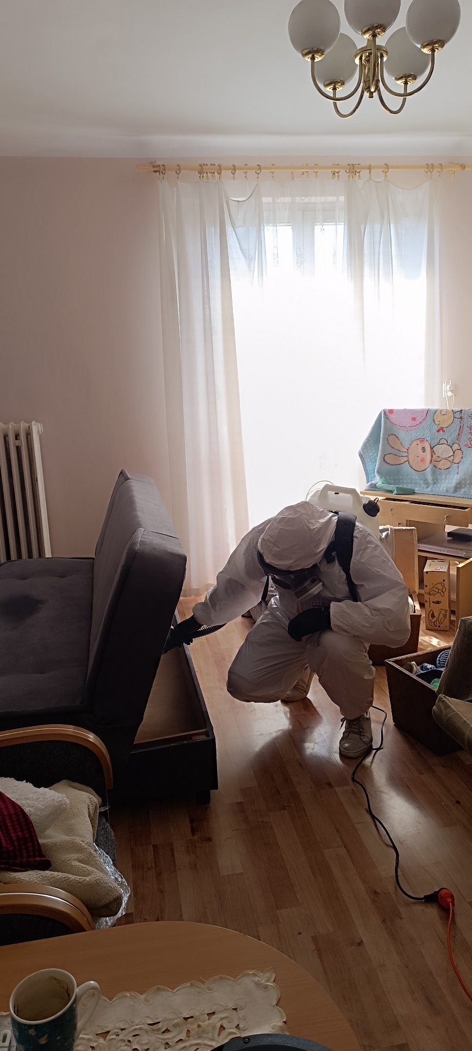 Pracownik w kombinezonie ochronnym, z maską i plecakowym opryskiwaczem, opryskuje wnętrze rozkładanej sofy w jasnym pokoju z drewnianą podłogą.